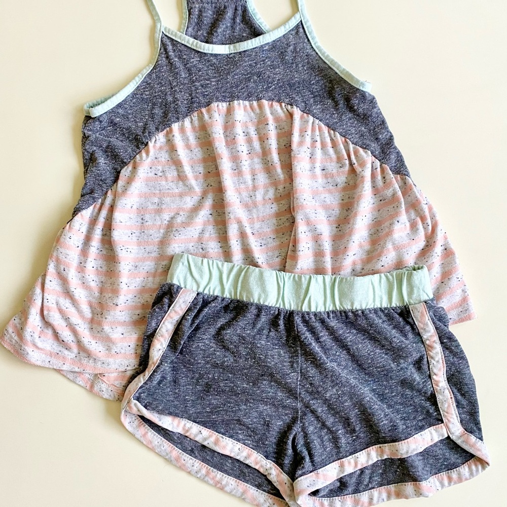 Gray and Pink Striped Tank and Shorts Set